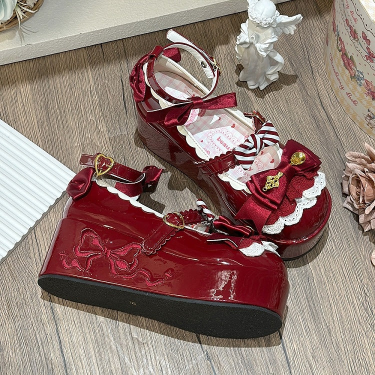Wine Red Spoon Decorated Bowknot Details Sweet Lolita Platforms