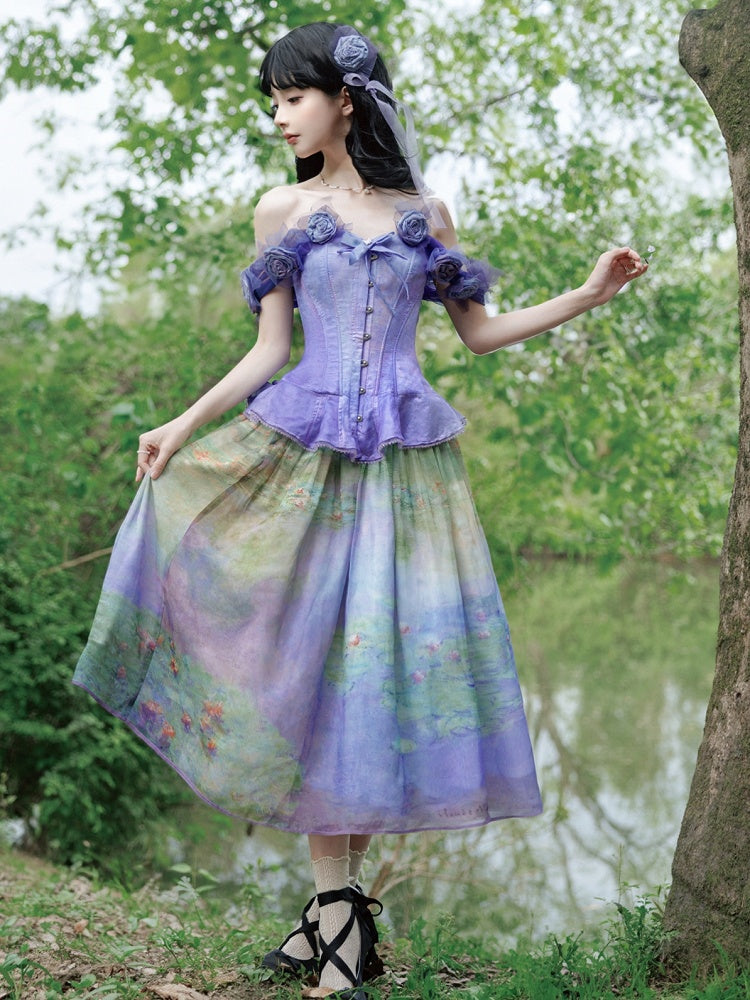 Purple Flounce Hem Boned Corset Top with Detachable Floral Adornments