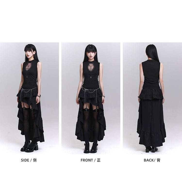 Studded Coffin-Shaped Cutout Black Tank Top with Free Cross Necklace