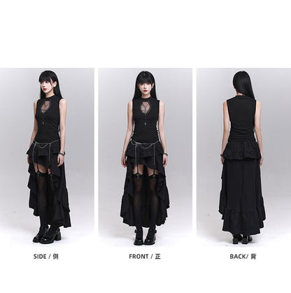 Studded Coffin-Shaped Cutout Black Tank Top with Free Cross Necklace