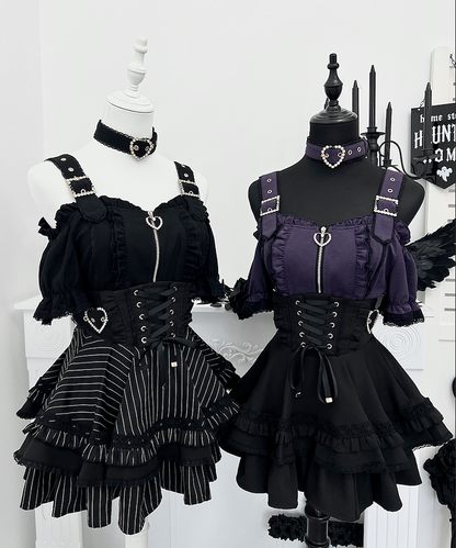Jirai Kei Heart Buckles Lace-up Front and Back Black Striped Tiered Skirt