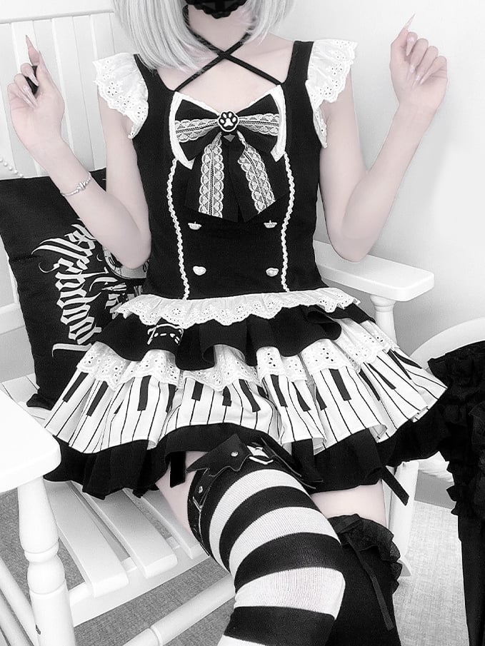 Black and White Flutter Sleeves Halter Top+ Piano Key Design Tiered Skirt + Striped Armwear Set