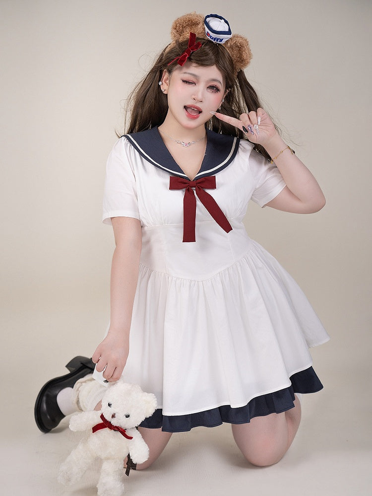 Plus Size White Sailor Collar Basque Waist Summer Dress