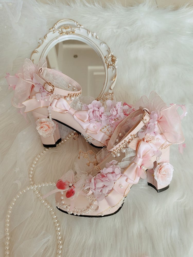 Pink Sakura Hime Lolita Shoes Bow Accents Butterfly Decorated Princess High Heels