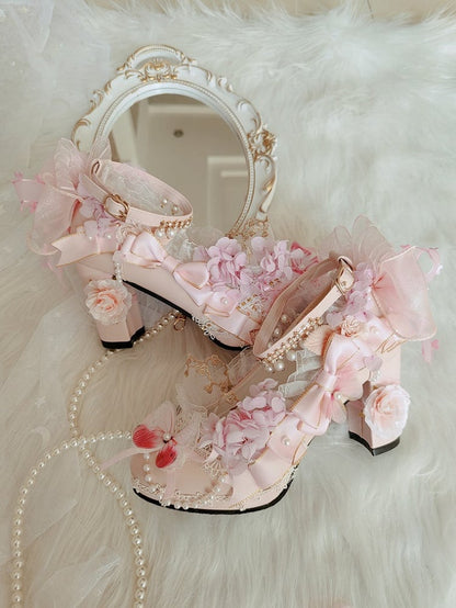 Pink Sakura Hime Lolita Shoes Bow Accents Butterfly Decorated Princess High Heels