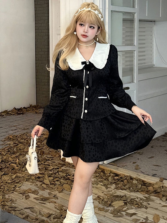 Plus Size Black High Waist Jacquard Tiered Skirt