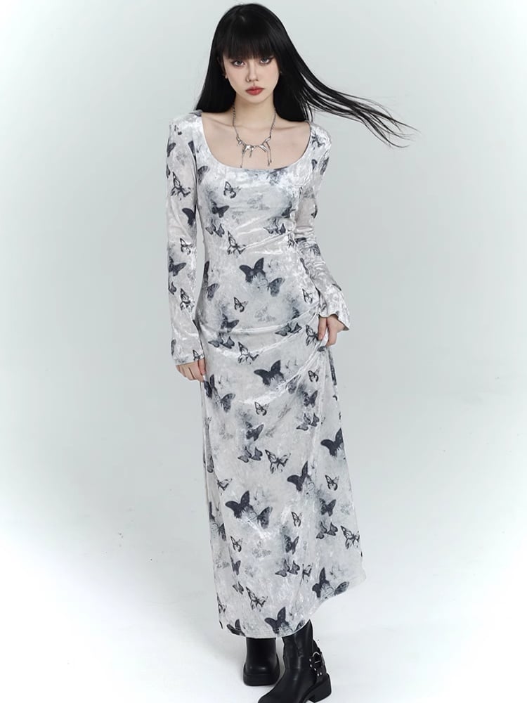 White Velvet Butterfly Print Slim-fitting Dress
