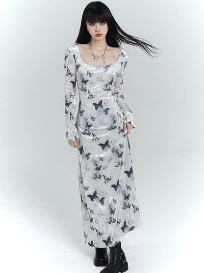 White Velvet Butterfly Print Slim-fitting Dress