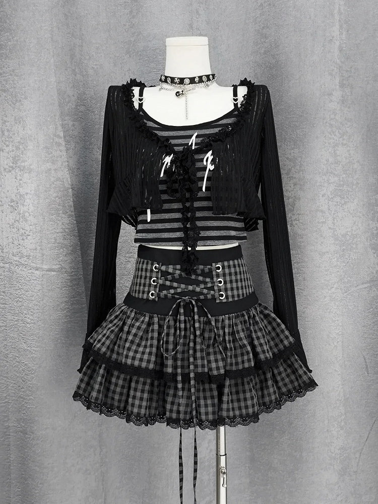 Black and Gray Plaid Lace-up Waist Tiered Skirt