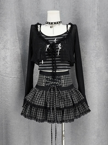 Black and Gray Plaid Lace-up Waist Tiered Skirt