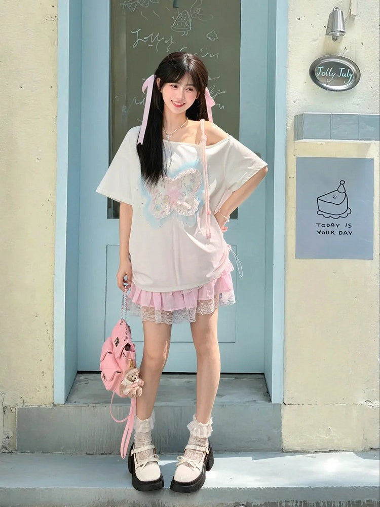 Sequins Decorated Butterfly Lace-up Detail White Asymmetrical Neckline T-shirt