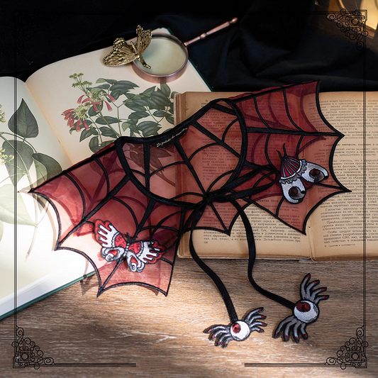 Red and Black Spider Web Embroidery Organza Fake Collar with Detachable Butterfly and Moth Brooch