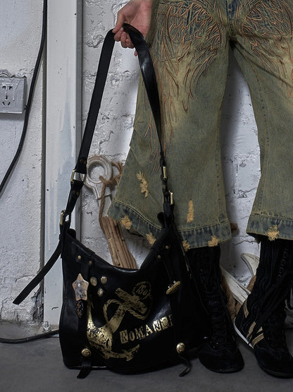 Gold Ship Anchor Print Punk Distressed Design Black/White PVC Crossbody Bag