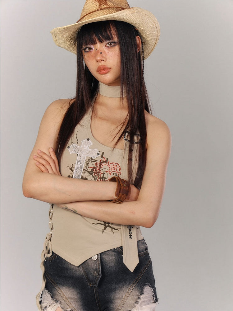 Cross Applique Apricot Halter Neck Top Lace-up Detail