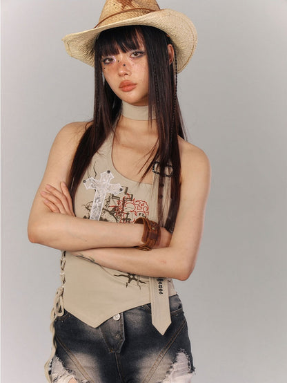 Cross Applique Apricot Halter Neck Top Lace-up Detail
