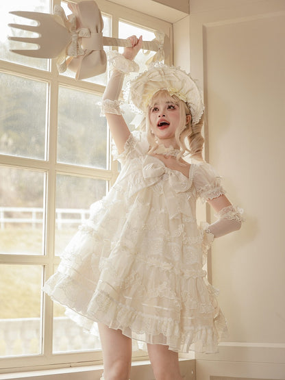Embroidered Big Bow Neckline Creamy White Short Puff Sleeves Lolita Dress