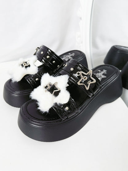 Alt-Goth Black Platform Slippers – Star Buckles, Metal Studs & White Fleece Top