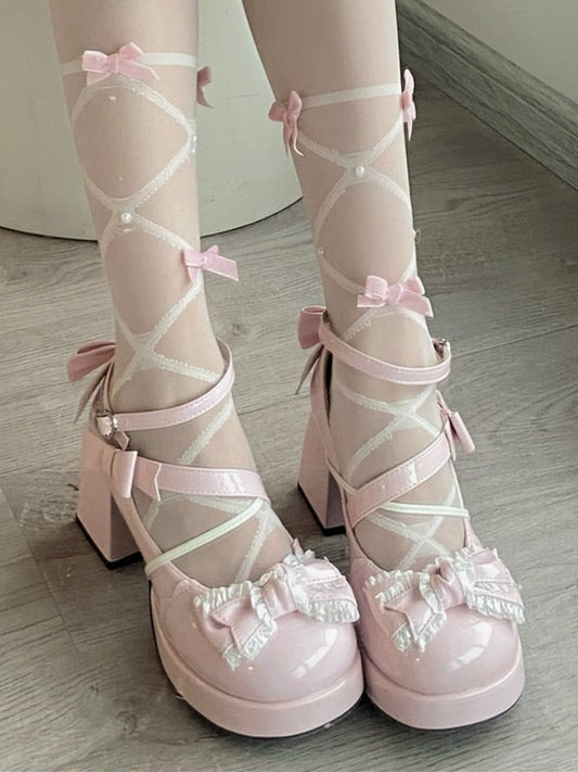 Bow Accents Pink High Block Heel Sweet Mary Janes Buckle Ankle Strap