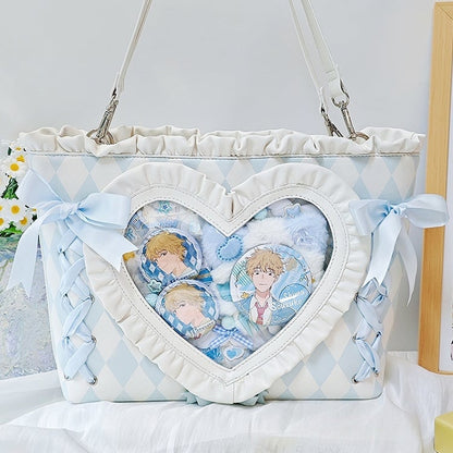 Blue Diamond Pattern Lace-up Design Ruffles Trim Heart PU Tota Ita Bag