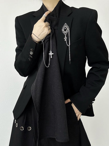 Ouji Lolita Silver Vintage Brooch with Black Obsidian Stone & Cross Charm