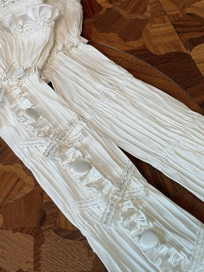 White Bowknot and Button Accents Tiered Ruffle Bell Sleeves