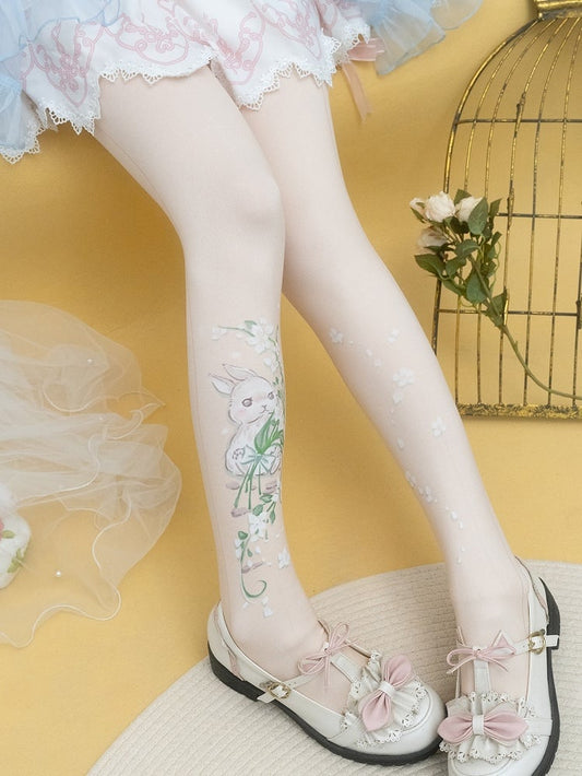 Pink/Beige Bunny Floral Print Tights