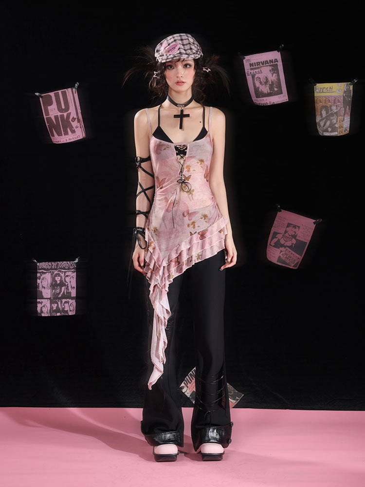 Black Lace-up Detail Flared Pants