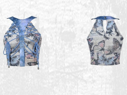 Grunge Punk Rock Fairycore Blue Butterflies Print Mesh Patchwork Halter Neck Top Lace-up Detail