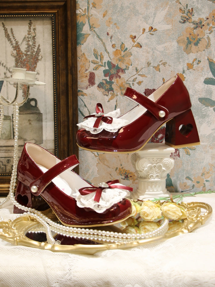Heart-shaped Hollowed Heel Wine Red Elegant Mary Janes with Lace Bowknot Clips