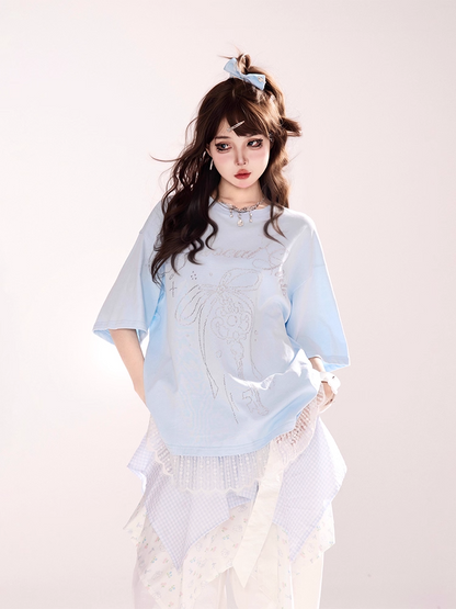 Bowknot and Key Rhinestones Lace Trim Blue Round Neck Loose T-shirt