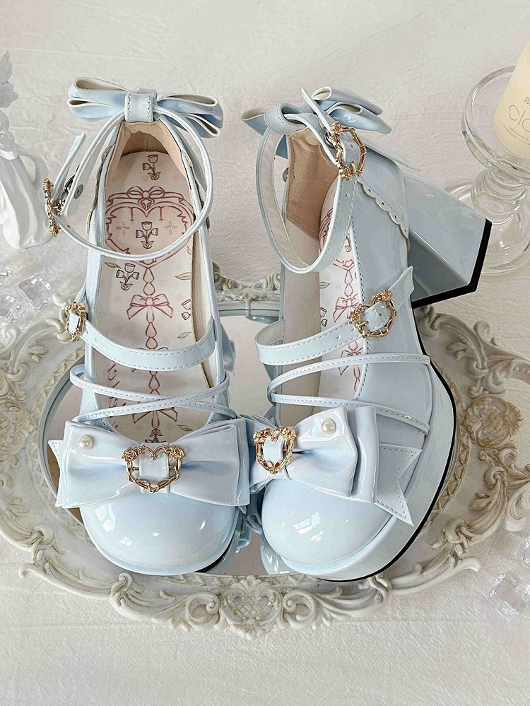 Light Blue Bow Accent Crisscross Design Lolita Platform High Block Heels