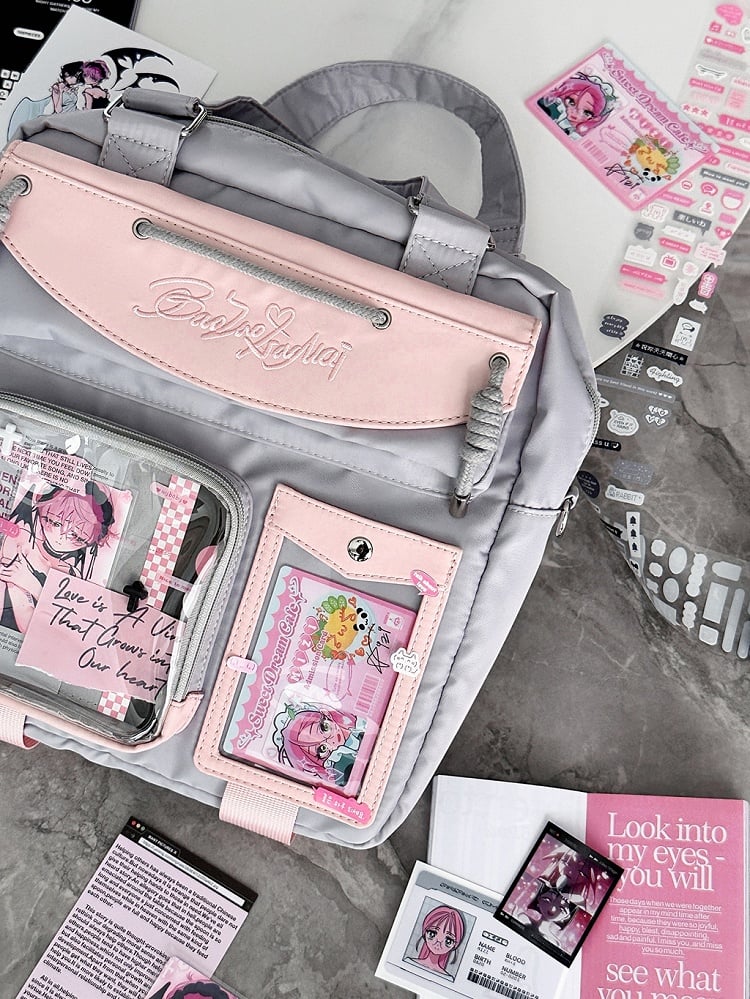 Gray & Pink Letters Embroidery Ita Bag