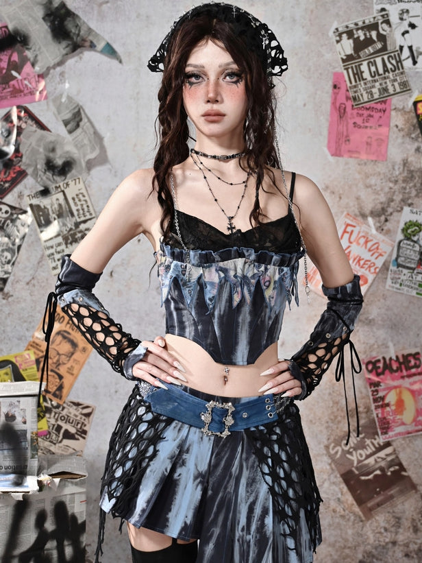 Grunge Punk Rock Fairy Style Blue Lace Cowl Neckline Boned Corset Tie Dye Cami Top