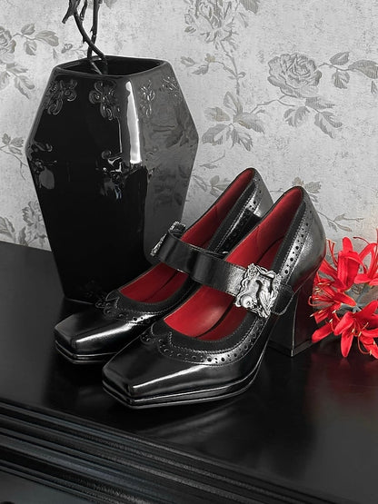 Black Gothic Crow And Skeleton Decorated Photo Frame Accent Square Toe High Heels