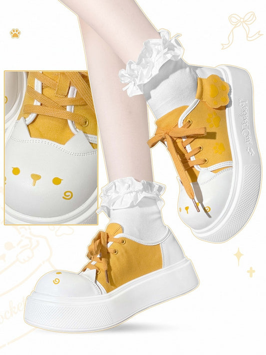 Dark Yellow Kitty Design Claw Pattern Platform Sneakers
