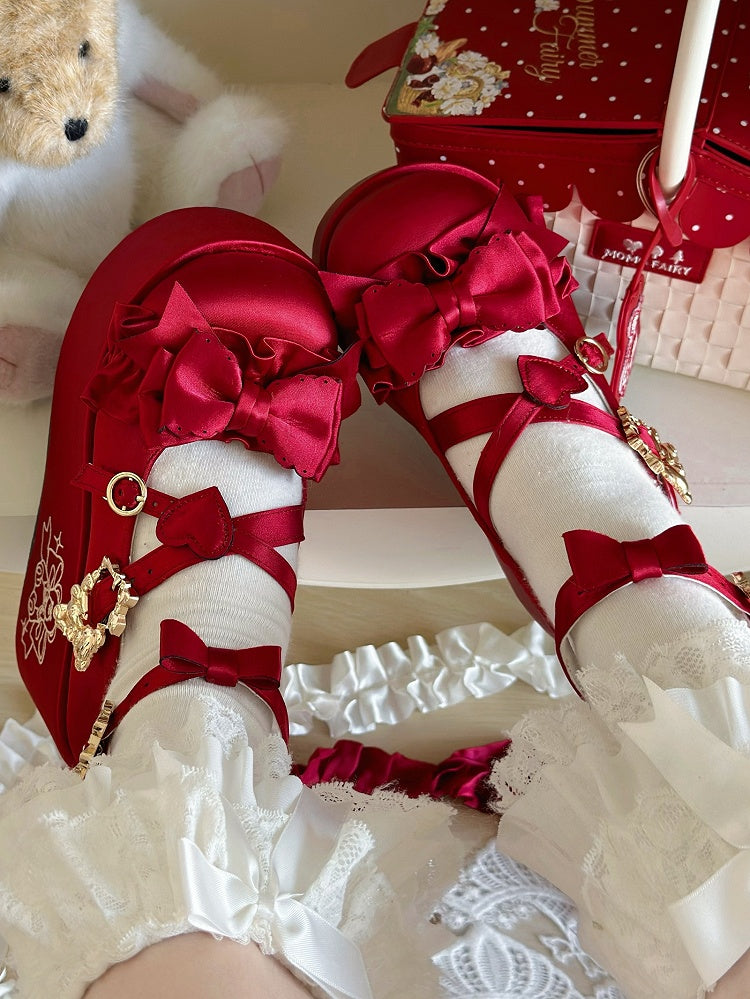 Wine Red Bear Buckle Straps Bowknot Platform Shoes with Bear Embroidery