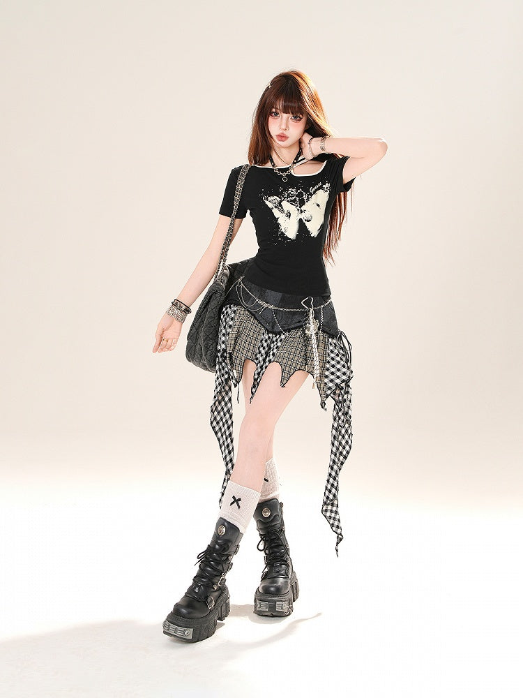 Butterfly Print Round Neck Cutout Detail Apricot/Black T-shirt