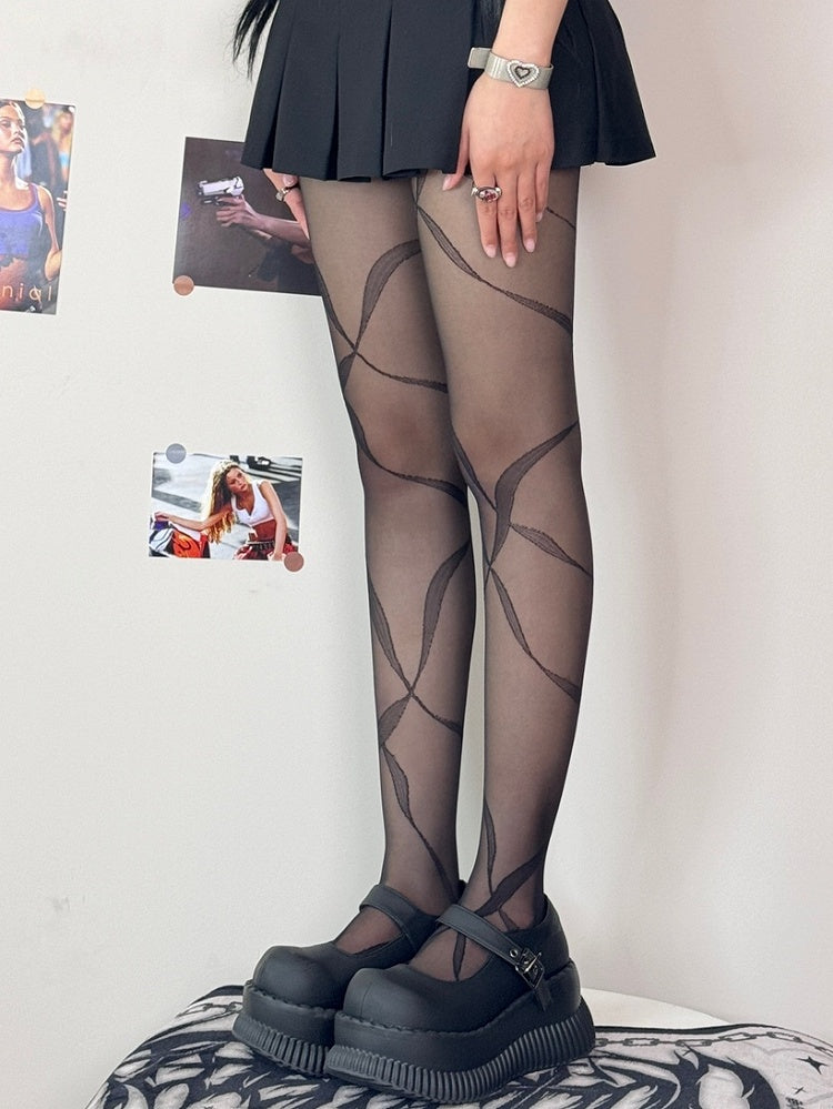 Black/Whiye/Brown/Gray Ribbon Print Tights