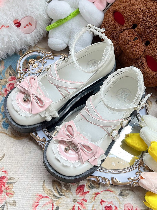 White & Pink Bow at Top Crisscross Buckle Straps Sweet Lolita Platform Mary Janes