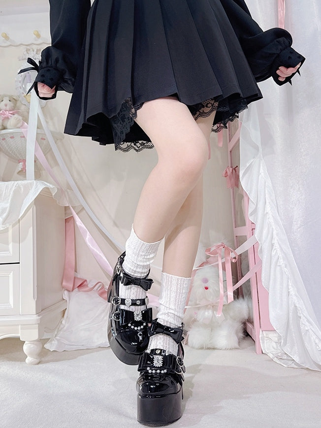 Polished Black Jirai Kei Beaded Charm Rhinestone Decorated Bowknot Details Platform High Block Heels