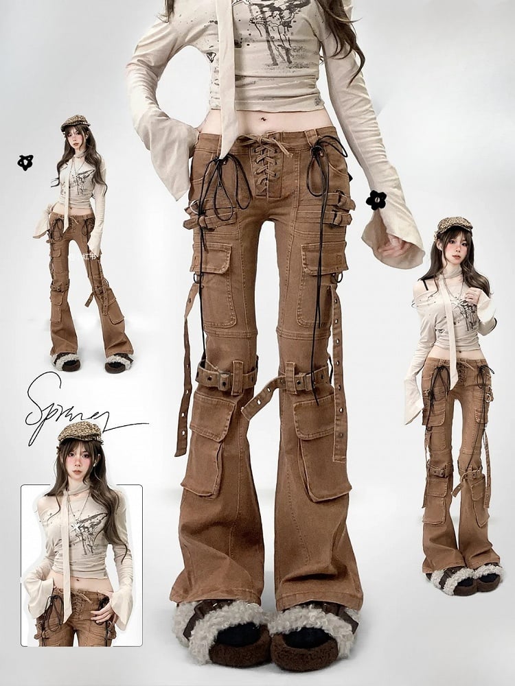 Coffee Brown Wasteland Punk Lace-up Detail Flare Silhouette Jeans