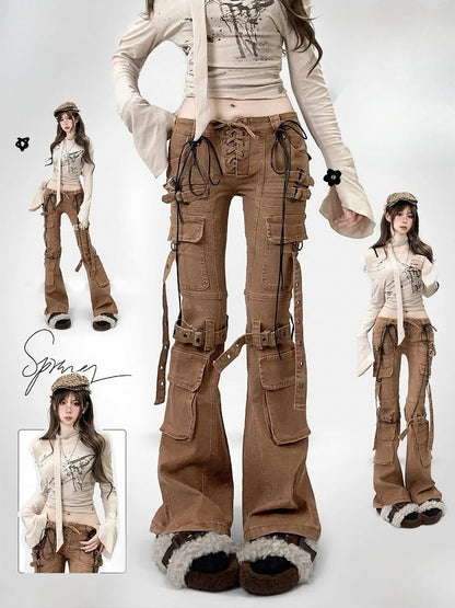 Coffee Brown Wasteland Punk Lace-up Detail Flare Silhouette Jeans