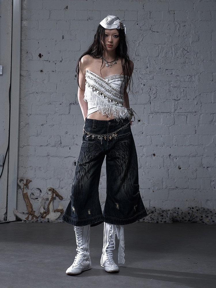 Blue/Yellow Faded Wash Distressed Holes Angel Wing Embroidery Vintage Punk Wide-leg Jeans