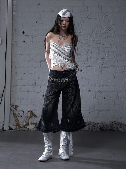 Blue/Yellow Faded Wash Distressed Holes Angel Wing Embroidery Vintage Punk Wide-leg Jeans