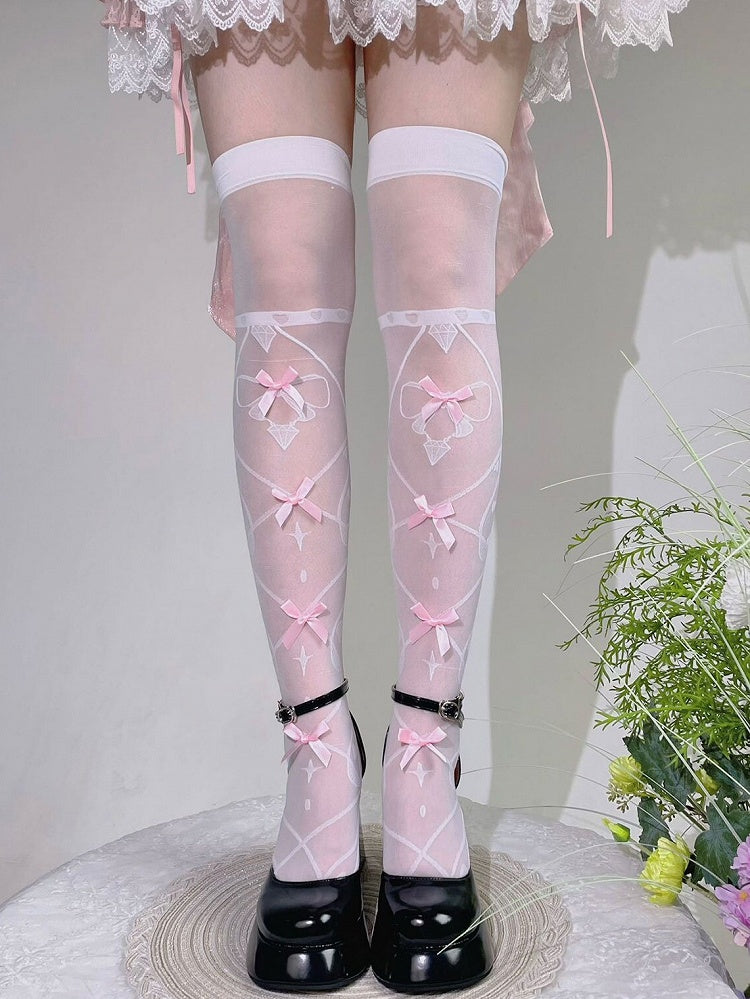 White and Pink Bow Semi-sheer Over Knee Stockings