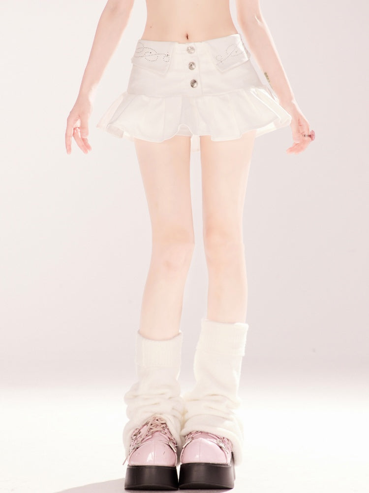 Rhinestones Embellished Foldover Waist White Mini Skirt