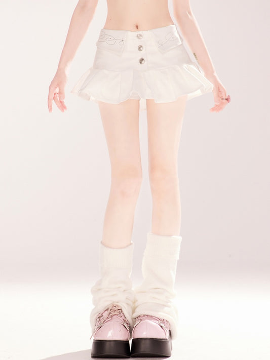 Rhinestones Embellished Foldover Waist White Mini Skirt