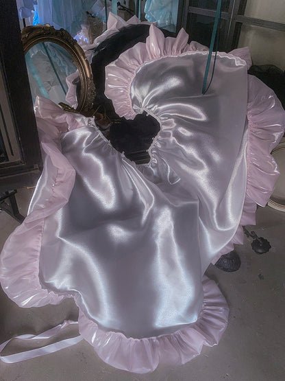 Pink Satin Sweet Lolita Dress with Polka Dot Off-the-Shoulder Detail and Large Bow