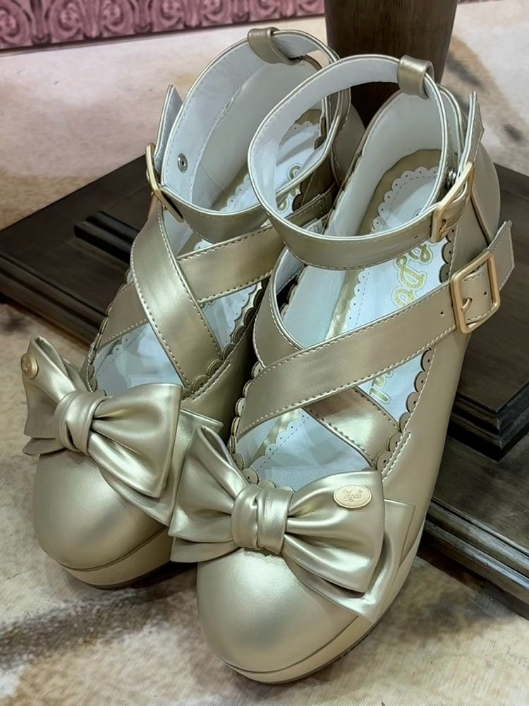 Wooden Look Platform & Bow at Top PU Golden Platform Mary Jane Shoes in Sweet Lolita