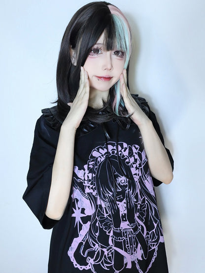 Black&Pink Jirai Kei Cartoon Girl Print Round Neck T-shirt